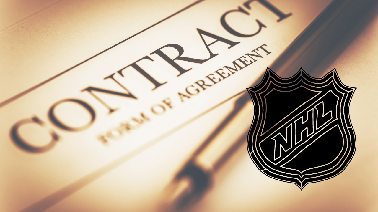 Pen and paper with the words "Contract form of agreement" printed at the top. The NHL shield logo is under the lettering.